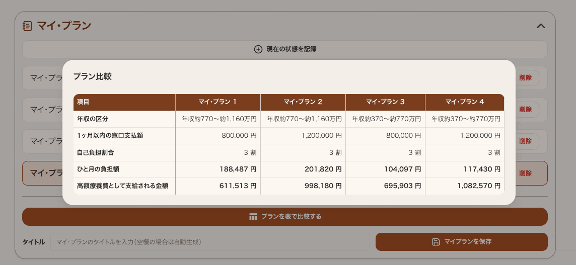 マイ・プラン機能のスクリーンショット